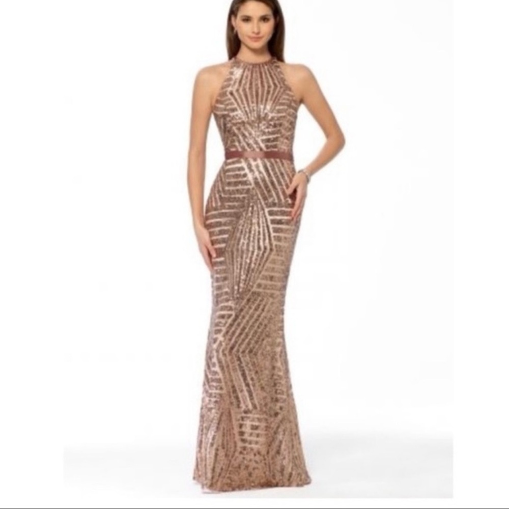 Elegant Rose Gold Sequin Halter Evening Dress Size 0 by Cache